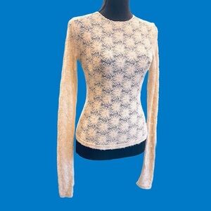 Lace Beige Stretch Long-Sleeve Blouse Small